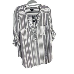 Torrid Harper Striped Blouse Size 1 Gray White Roll Tab Sleeve 100% Modal NWT